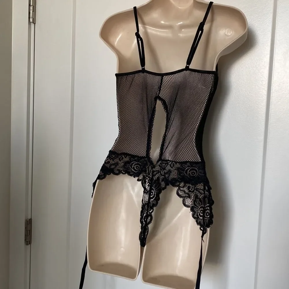 Teddy Black with floral Lace and Mesh. Hosiery Straps for a Sexy Fun Look